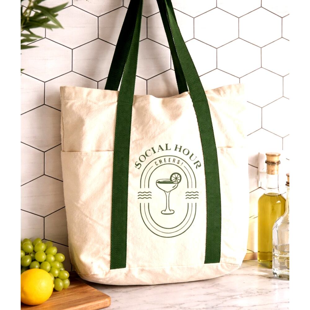 Canvas Market Tote Bag Social Hour Cheers Graphic Reusable Grocery Bag Green